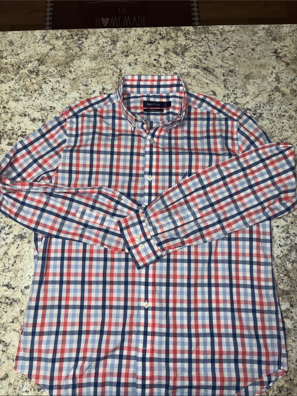 Nautica Men’s Red, White & Blue Plaid Button-Down Shirt